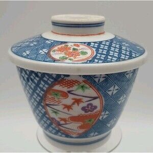 Vtg Imari Teacup With Lid Blue White Red Floral